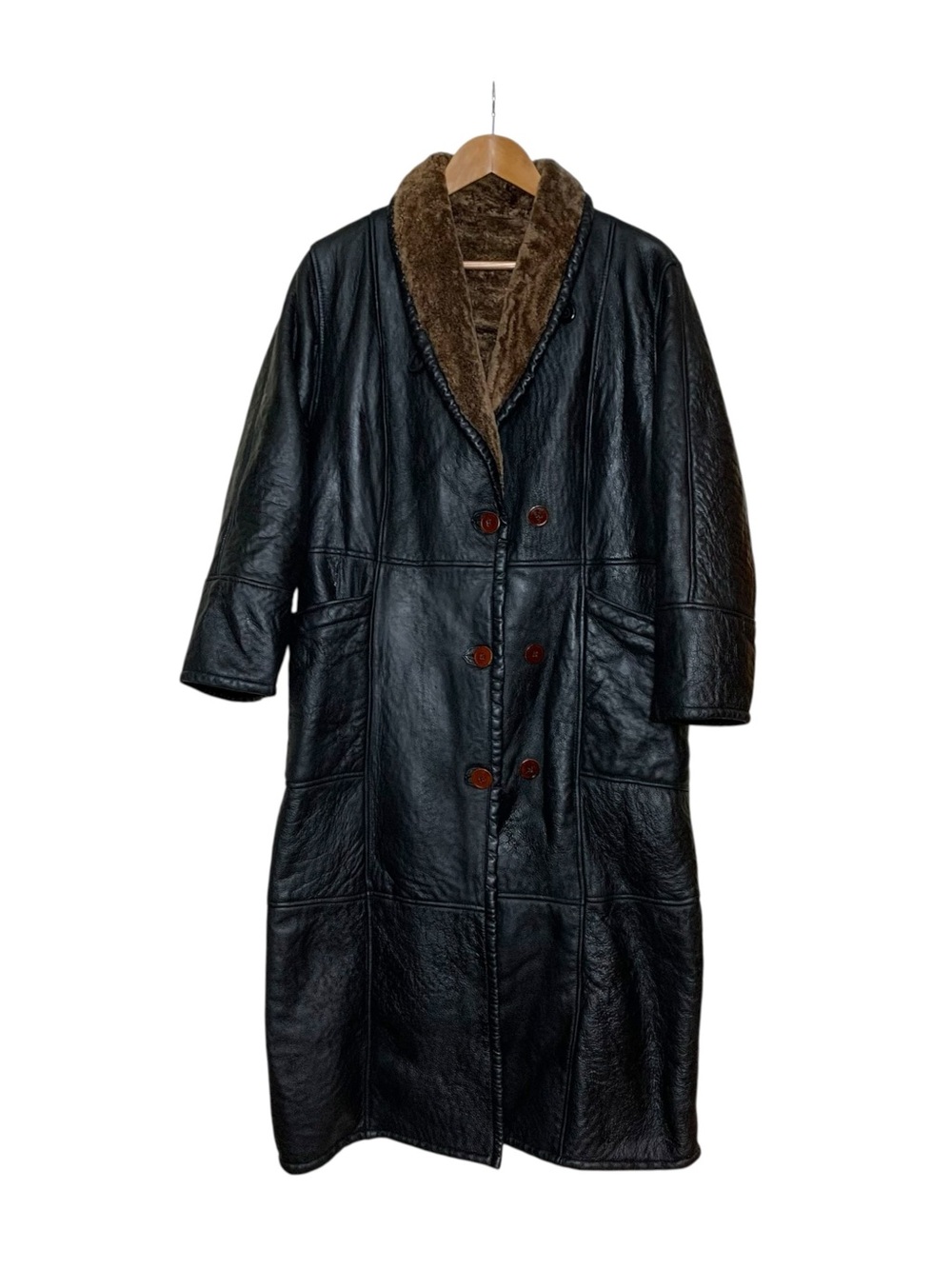 Vintage 70s Black Leather Long Coat Sz S Brown Full Shearling Lined Unisex